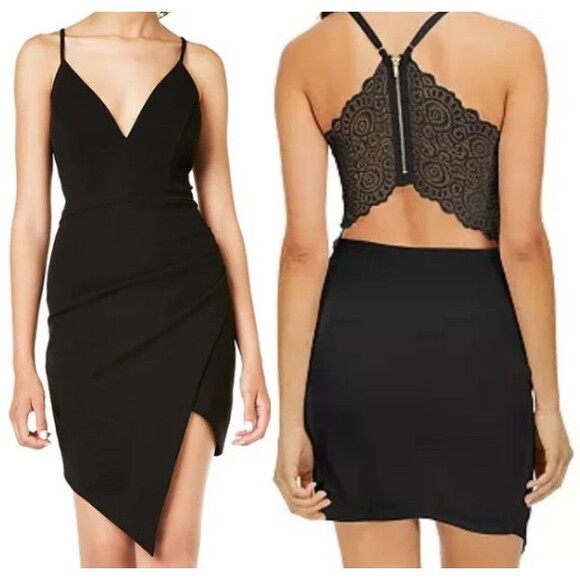Honey & Rosie Black Dress SMALL BodyCon Mini‎ Lace Sleeveless Asymmetrical Short - Picture 1 of 15
